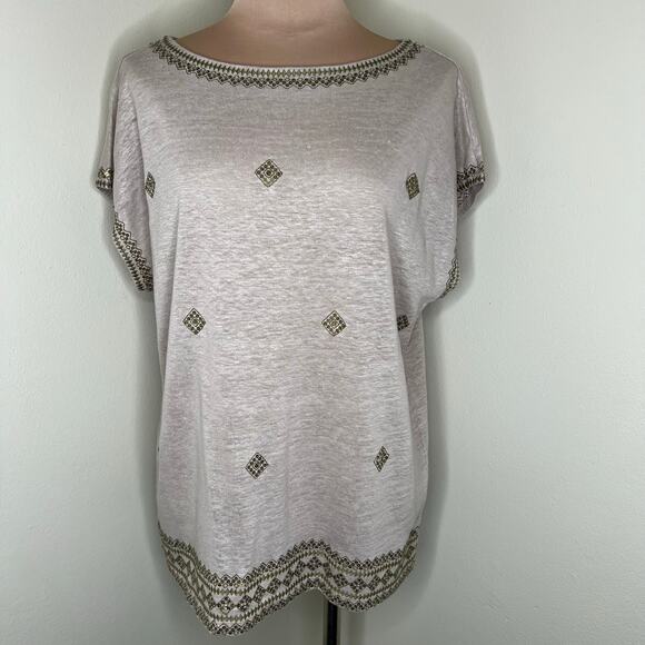 J. Jill Tops - J. Jill Love Linen Top Large Womens Beige Sequin Embroidered Bohemian Boat Neck